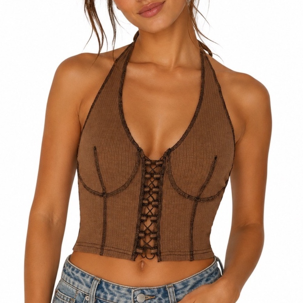 Y2K Ribbed Halter Top Lace Up Front Bron Black Festival Renaissance Faire XL